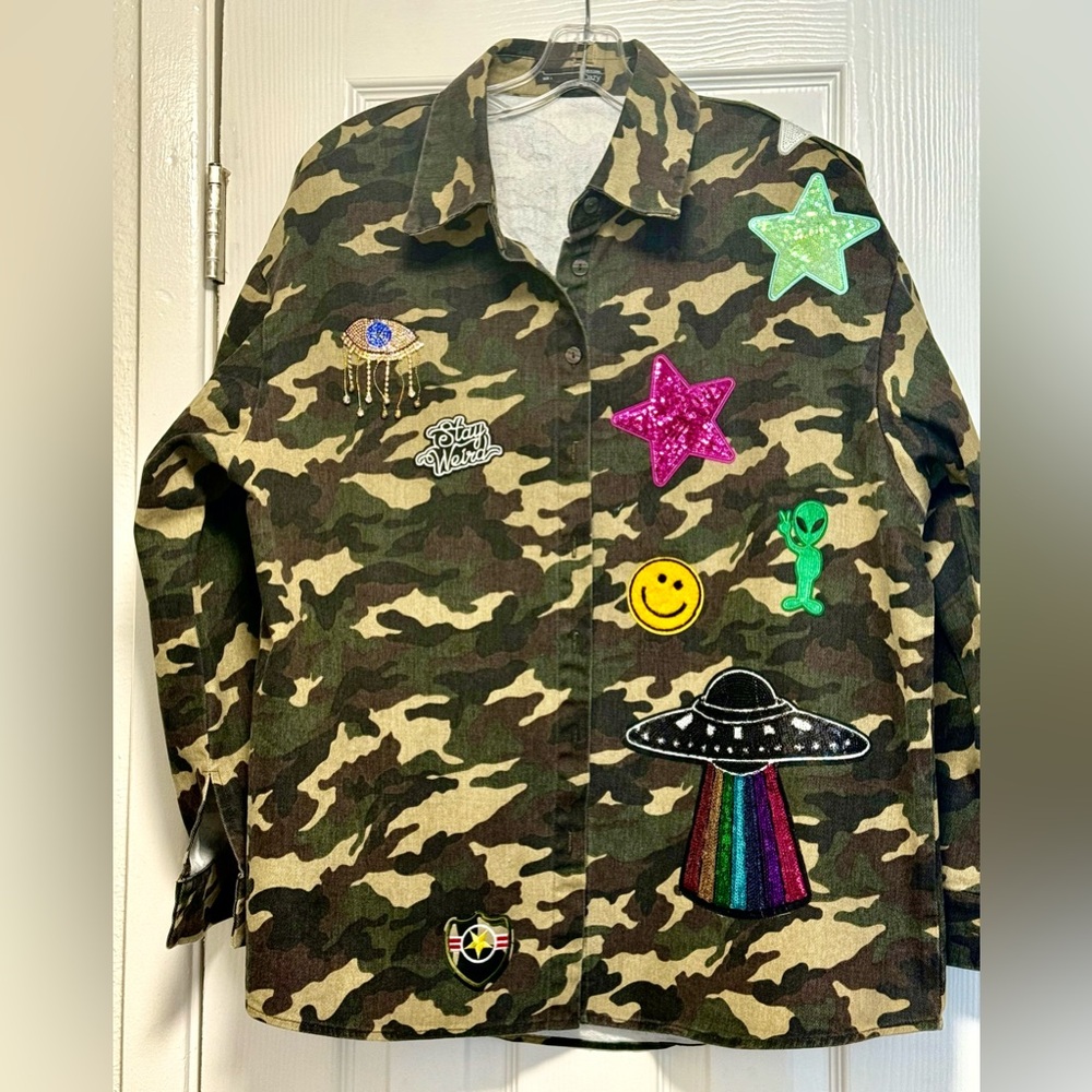 Fun Camouflage Jacket with Colorful Alien Patches